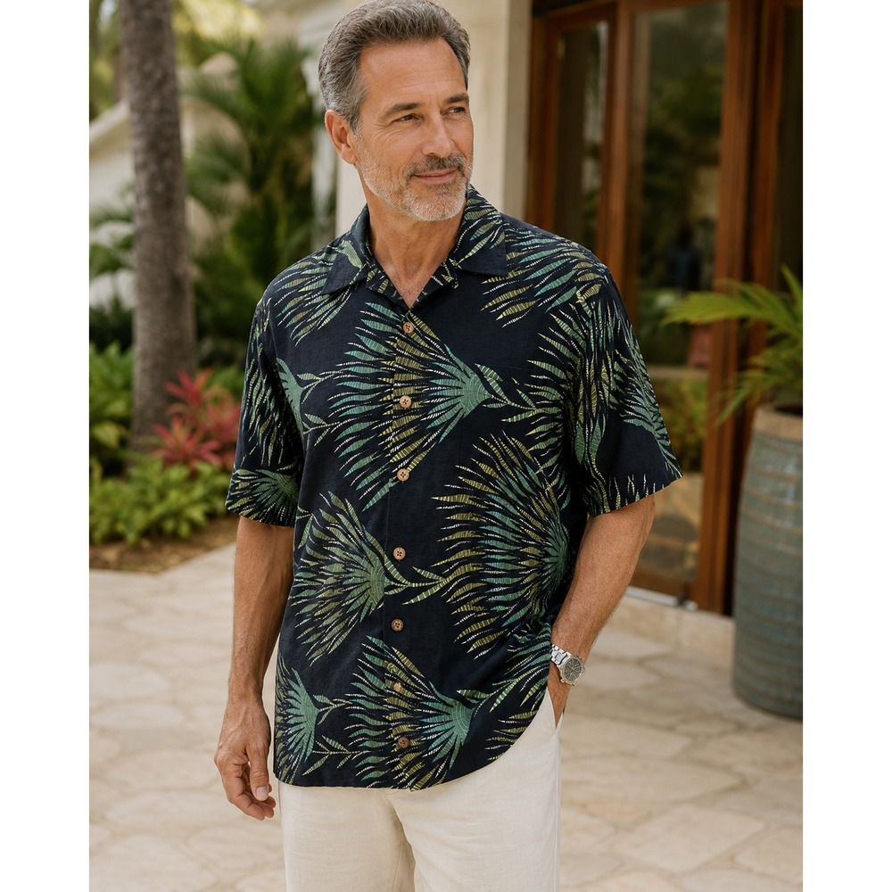 Tommy Bahama Men's L 100% Silk Palm Leaf Camp Shirt Black Green Washable